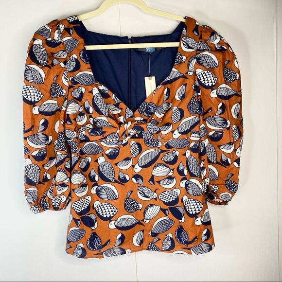 NEW Eva Franco Bird Print Blouse Puff Sleeves Knot front Sweetheart Neck Size 12 - Picture 5 of 16